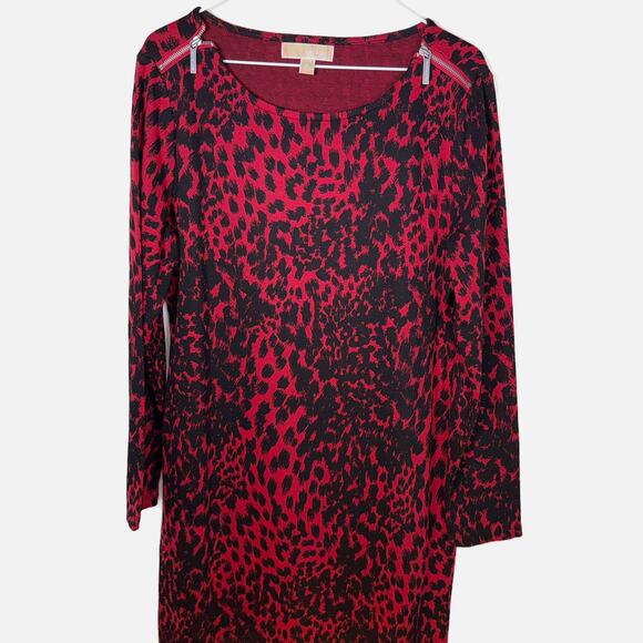 Michael Michael Kors Dress Women’s XL Red Black Animal Print Long Sleeve - Picture 3 of 15
